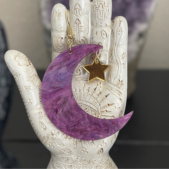 Witchy Moon Black Cat Star Acrylic Glitter Earrings - Picture 2 of 8